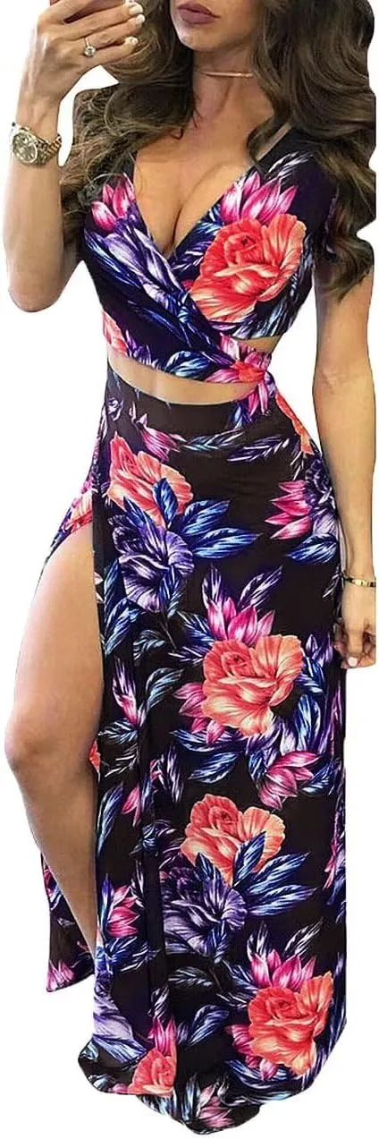 Womens Sexy 2 Piece Outfits Floral Print V Neck Crop Top and High Split Maxi Skirt Sets