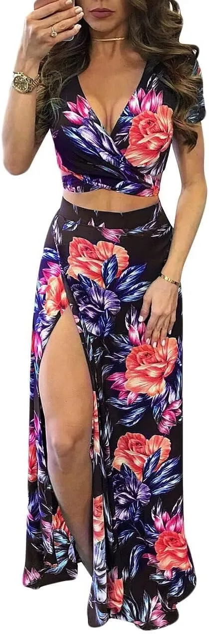 Womens Sexy 2 Piece Outfits Floral Print V Neck Crop Top and High Split Maxi Skirt Sets