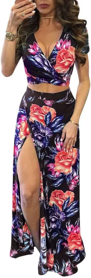 Womens Sexy 2 Piece Outfits Floral Print V Neck Crop Top and High Split Maxi Skirt Sets
