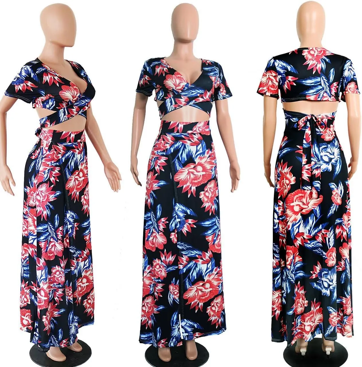 Womens Sexy 2 Piece Outfits Floral Print V Neck Crop Top and High Split Maxi Skirt Sets