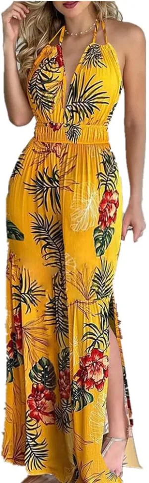 Womens Sexy Backless Sleeveless Halter Jumpsuit Tank Tops High Waist Long Pants Wide Legs Rompers