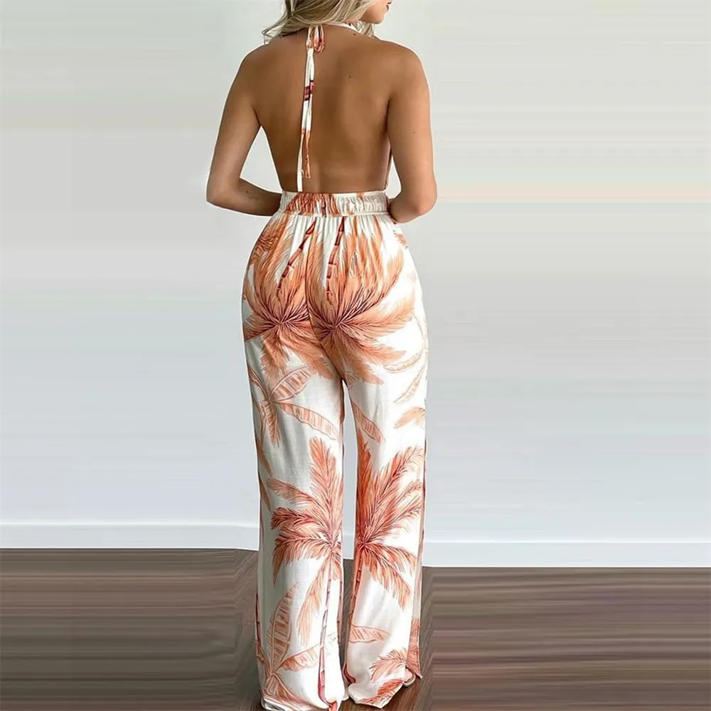 Womens Sexy Backless Sleeveless Halter Jumpsuit Tank Tops High Waist Long Pants Wide Legs Rompers