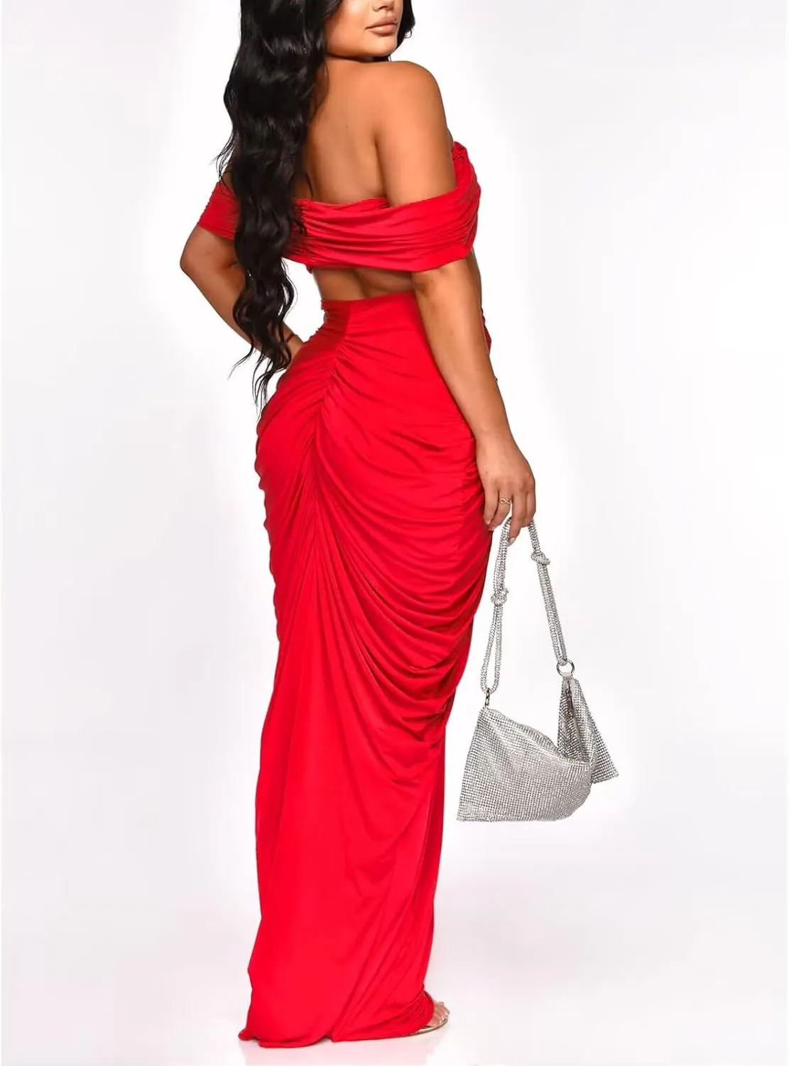 Womens Sexy Tube Tops and Ruched Pleated Skirts 2 Piece Sets Party Club Suits