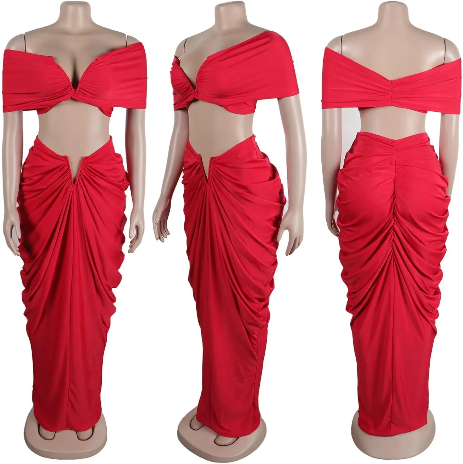 Womens Sexy Tube Tops and Ruched Pleated Skirts 2 Piece Sets Party Club Suits