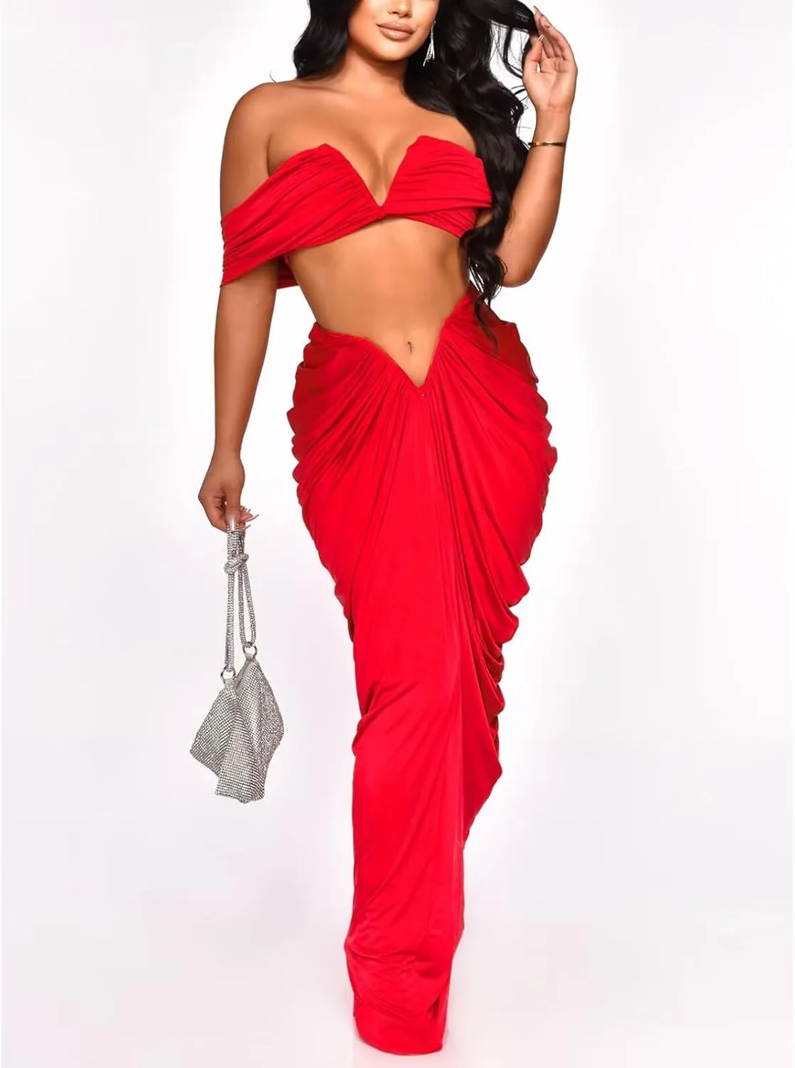 Womens Sexy Tube Tops and Ruched Pleated Skirts 2 Piece Sets Party Club Suits