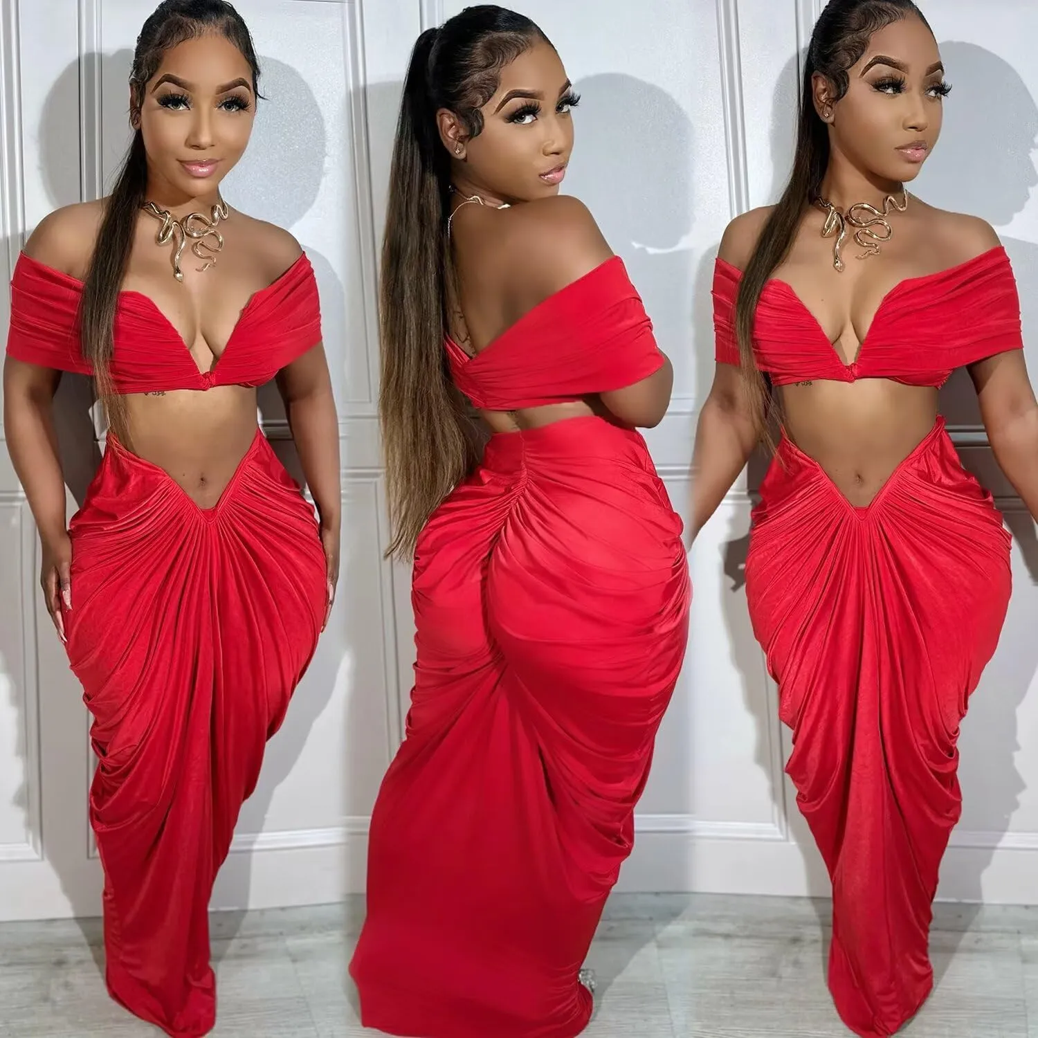 Womens Sexy Tube Tops and Ruched Pleated Skirts 2 Piece Sets Party Club Suits
