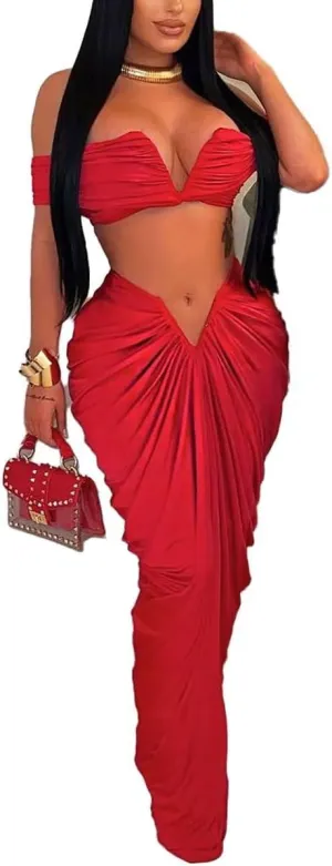 Womens Sexy Tube Tops and Ruched Pleated Skirts 2 Piece Sets Party Club Suits