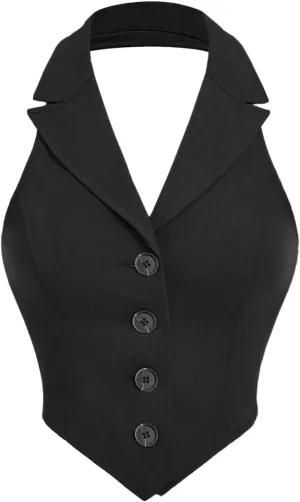Women's Solid Asymmetrical Hem Backless Crop Tank Tops Sleeveless Casual Button Front Crop Blazer Vest