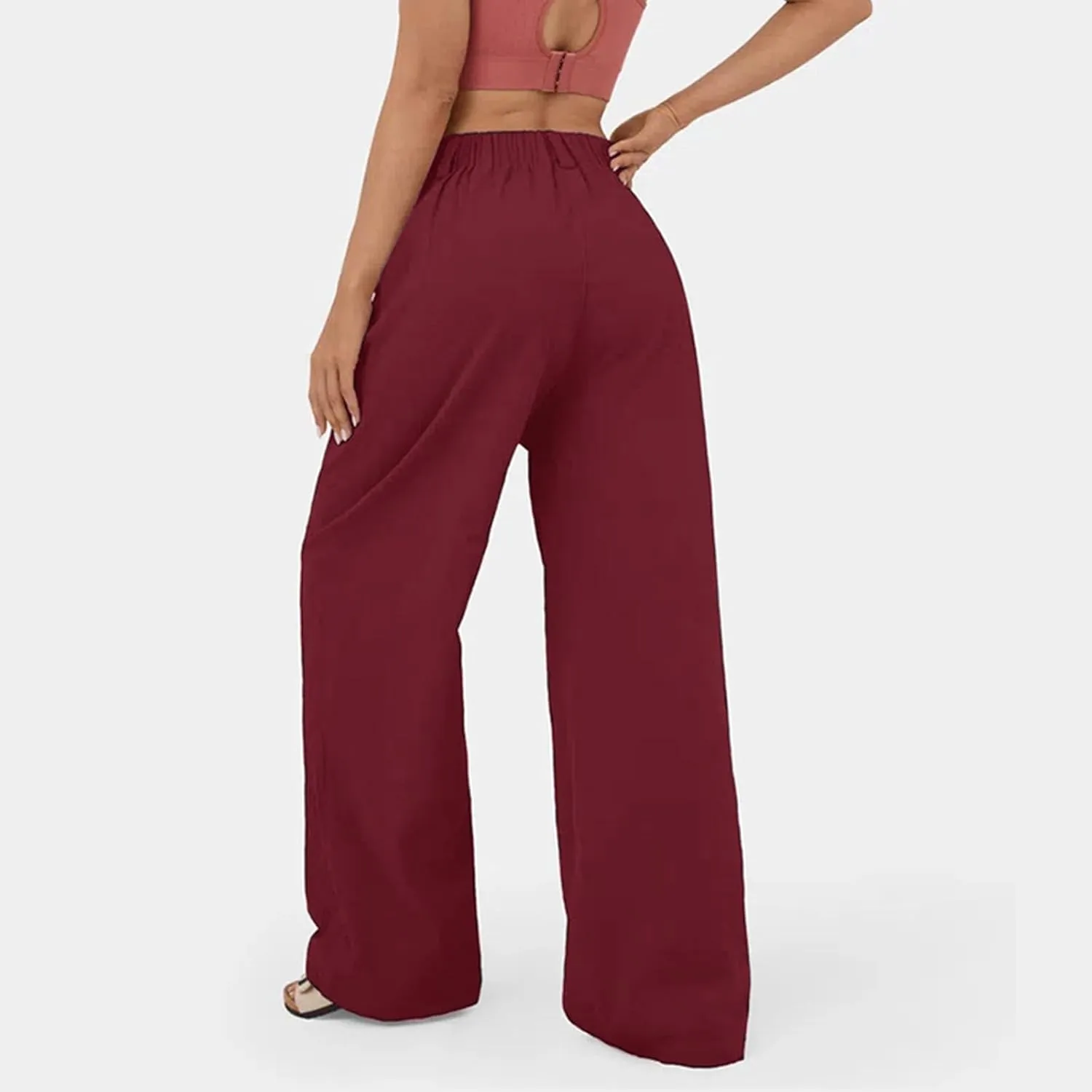 Womens Solid Color High Waist Dress Pants Wide Leg Back Elastic Waist Business Trousers Casual Loose Suit Pants with Pockets