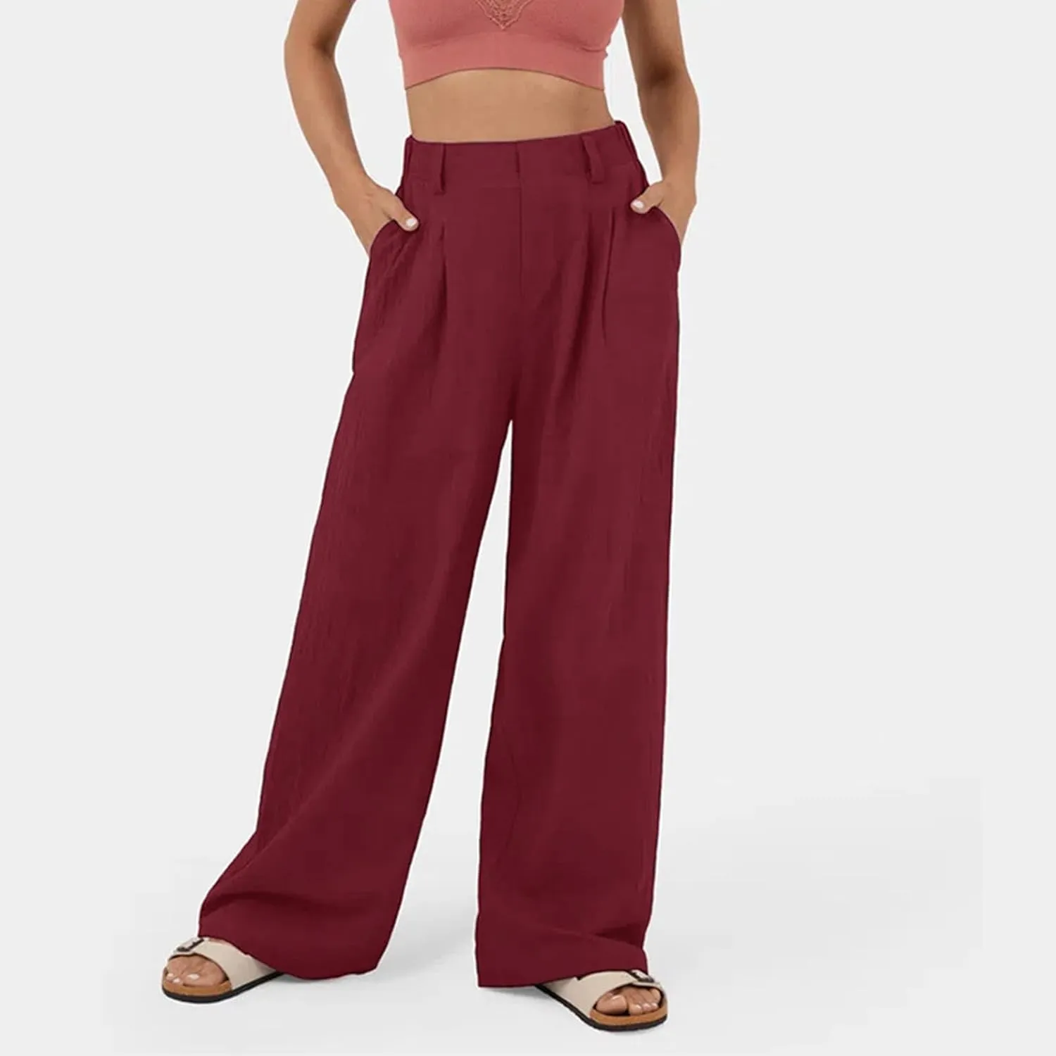 Womens Solid Color High Waist Dress Pants Wide Leg Back Elastic Waist Business Trousers Casual Loose Suit Pants with Pockets