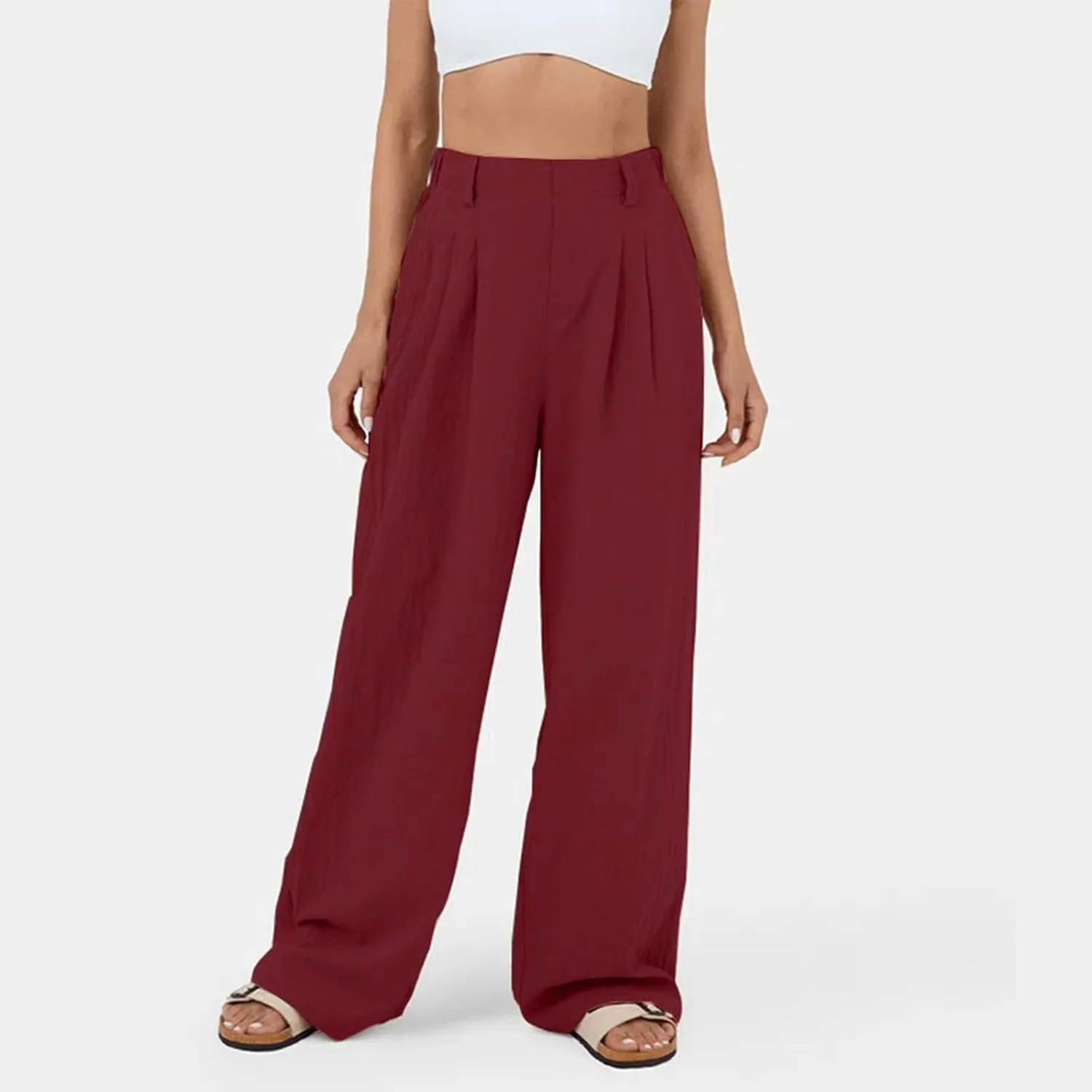Womens Solid Color High Waist Dress Pants Wide Leg Back Elastic Waist Business Trousers Casual Loose Suit Pants with Pockets