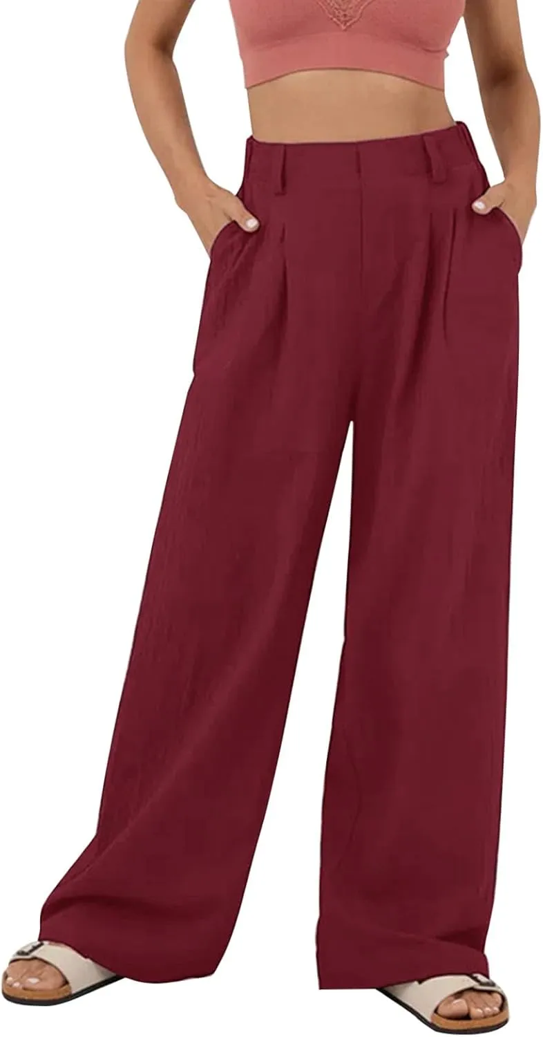 Womens Solid Color High Waist Dress Pants Wide Leg Back Elastic Waist Business Trousers Casual Loose Suit Pants with Pockets