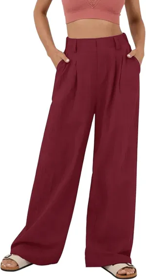 Womens Solid Color High Waist Dress Pants Wide Leg Back Elastic Waist Business Trousers Casual Loose Suit Pants with Pockets