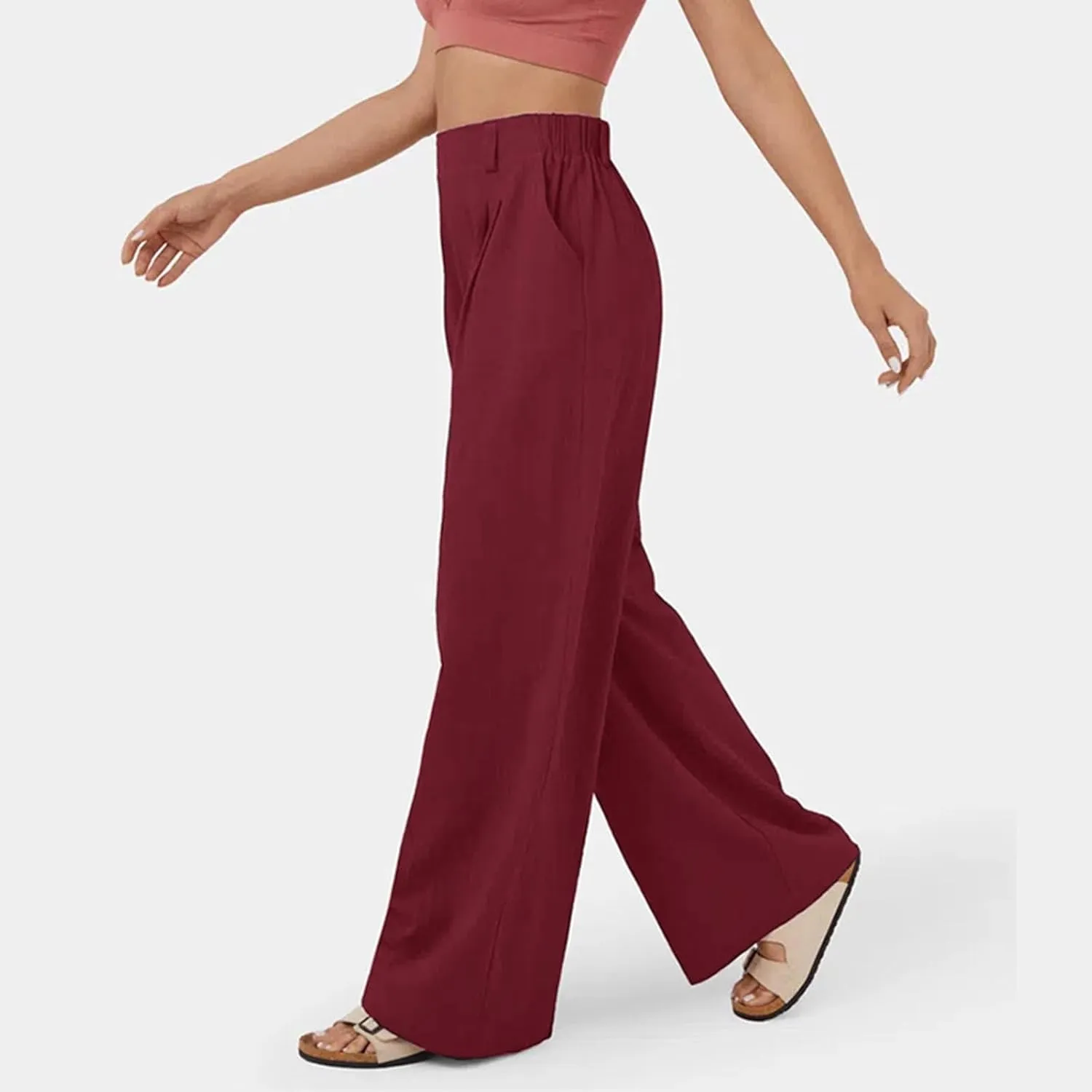 Womens Solid Color High Waist Dress Pants Wide Leg Back Elastic Waist Business Trousers Casual Loose Suit Pants with Pockets