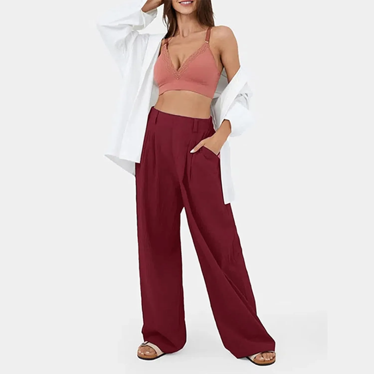 Womens Solid Color High Waist Dress Pants Wide Leg Back Elastic Waist Business Trousers Casual Loose Suit Pants with Pockets
