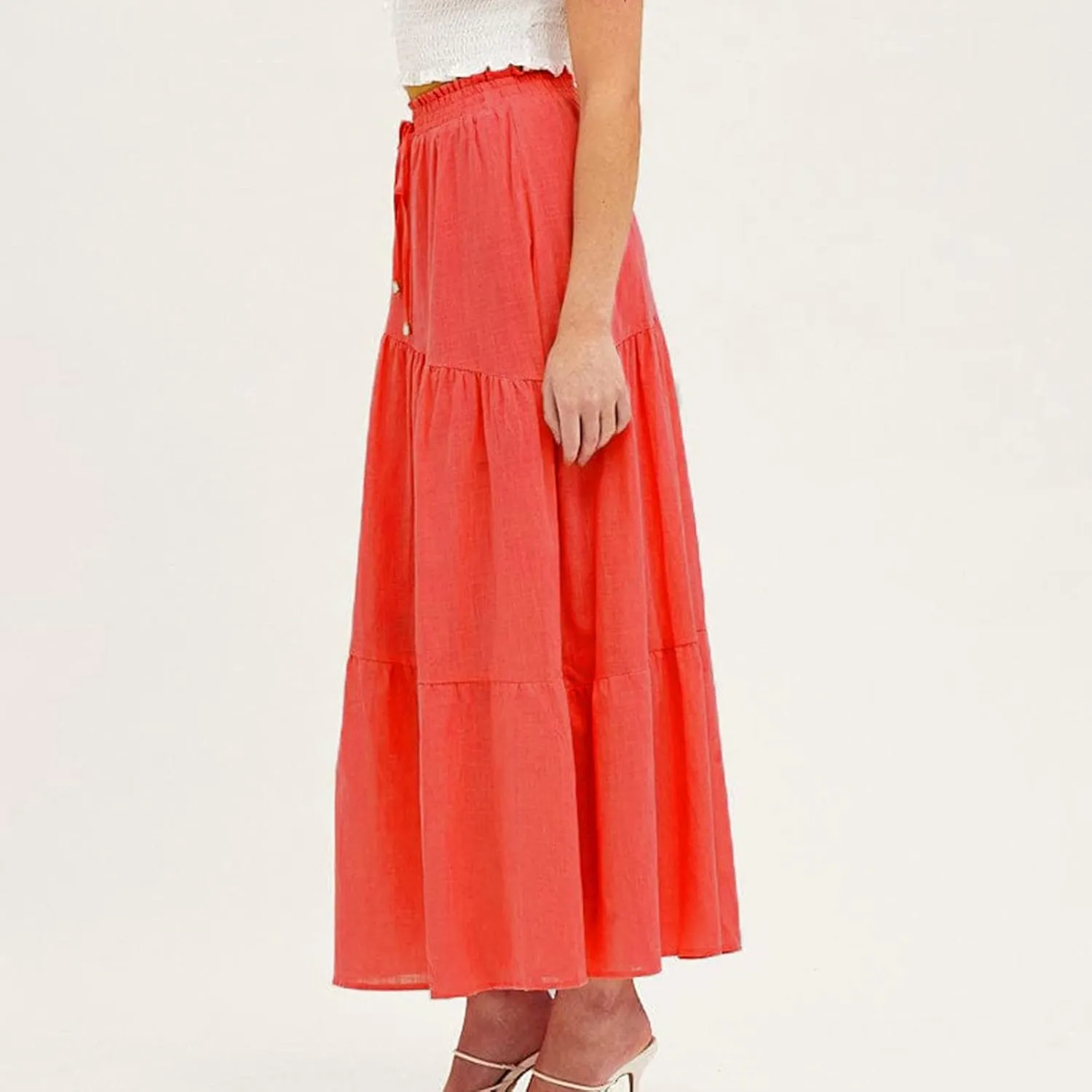 Women's Solid Color Maxi Skirt Summer Casual Cotton Linen Front Slit Long Skirt Button Up Beach Skirts