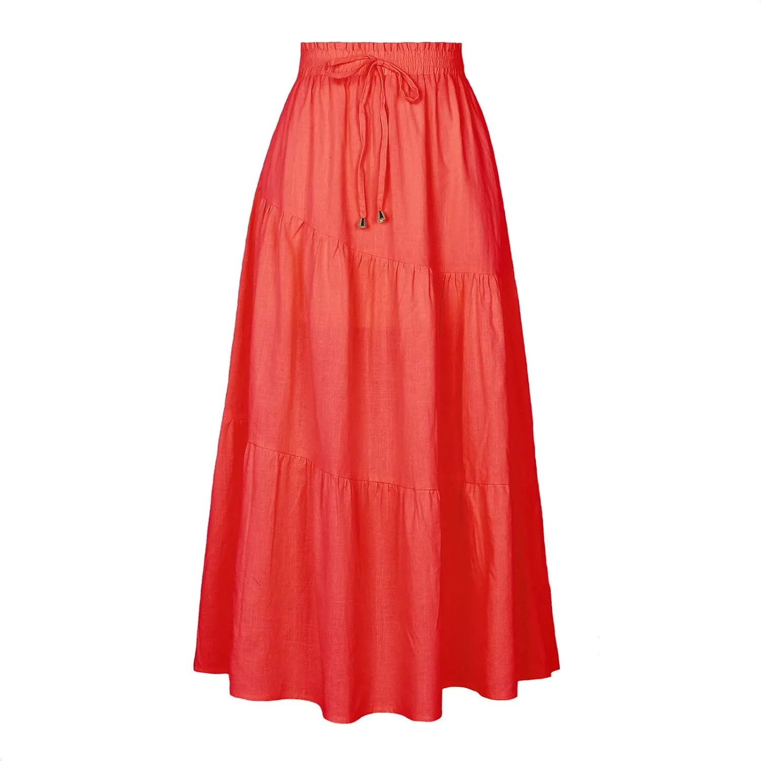 Women's Solid Color Maxi Skirt Summer Casual Cotton Linen Front Slit Long Skirt Button Up Beach Skirts