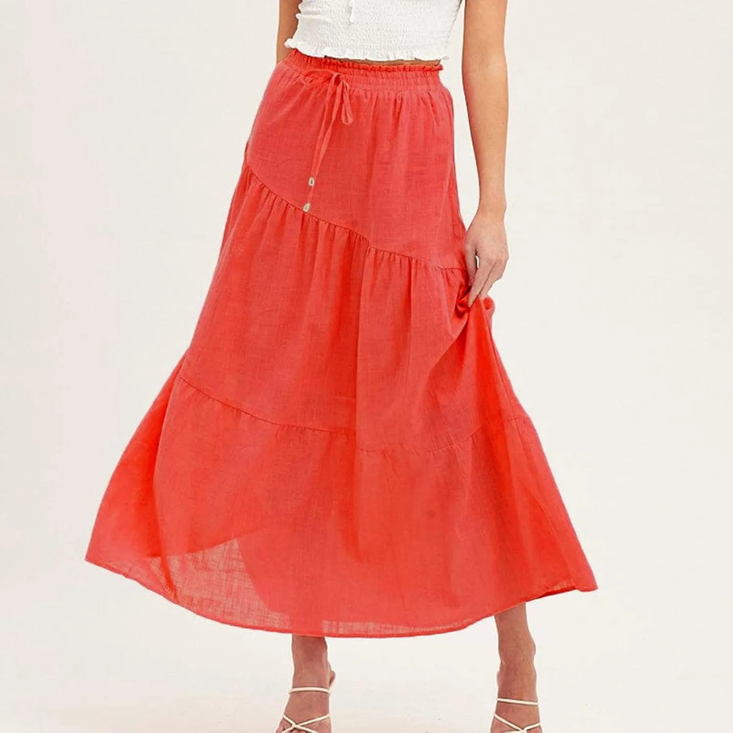 Women's Solid Color Maxi Skirt Summer Casual Cotton Linen Front Slit Long Skirt Button Up Beach Skirts