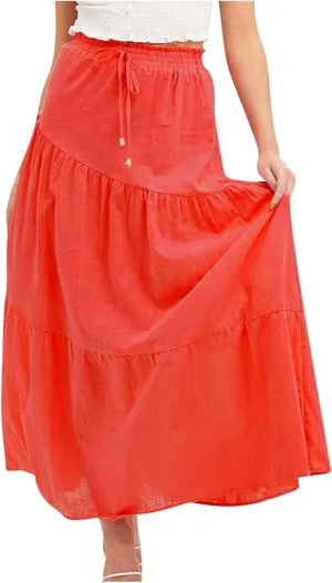Women's Solid Color Maxi Skirt Summer Casual Cotton Linen Front Slit Long Skirt Button Up Beach Skirts