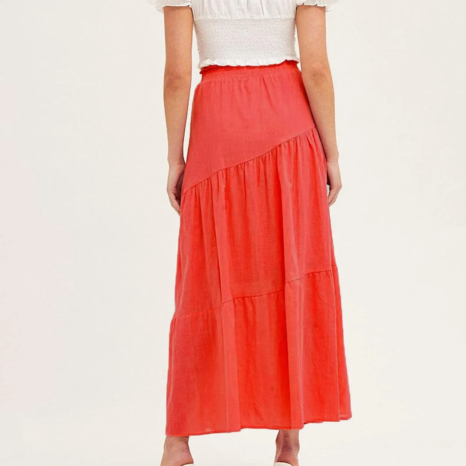 Women's Solid Color Maxi Skirt Summer Casual Cotton Linen Front Slit Long Skirt Button Up Beach Skirts