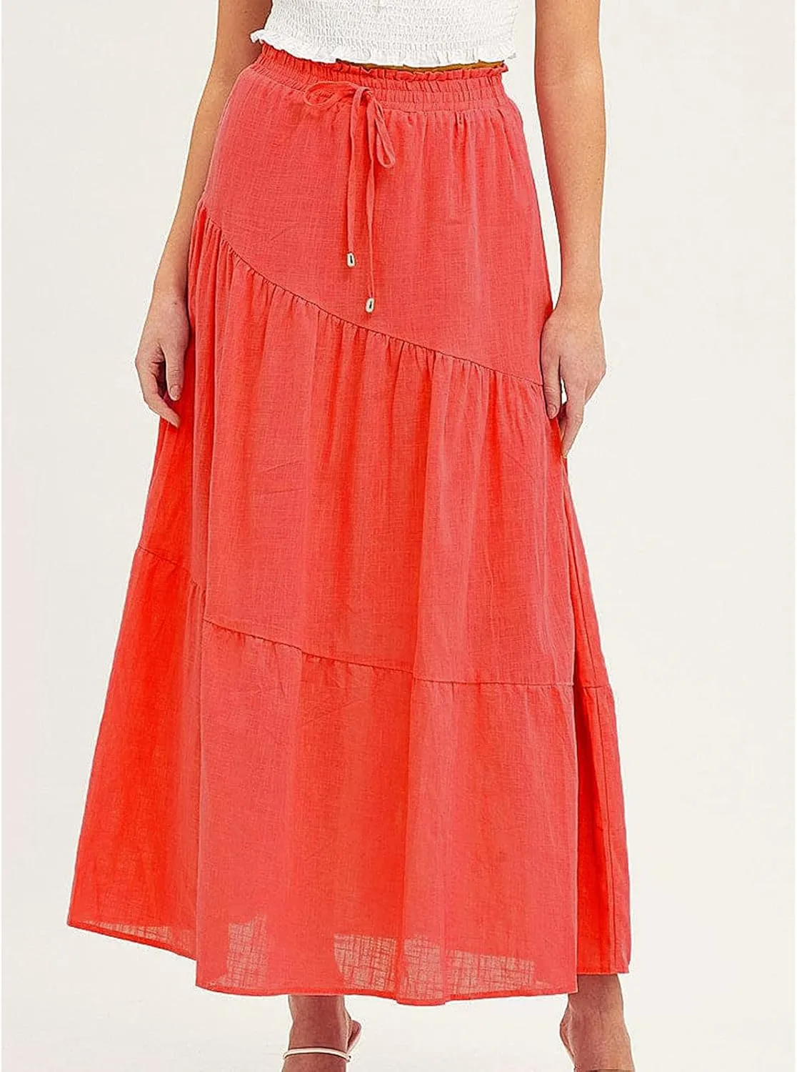Women's Solid Color Maxi Skirt Summer Casual Cotton Linen Front Slit Long Skirt Button Up Beach Skirts