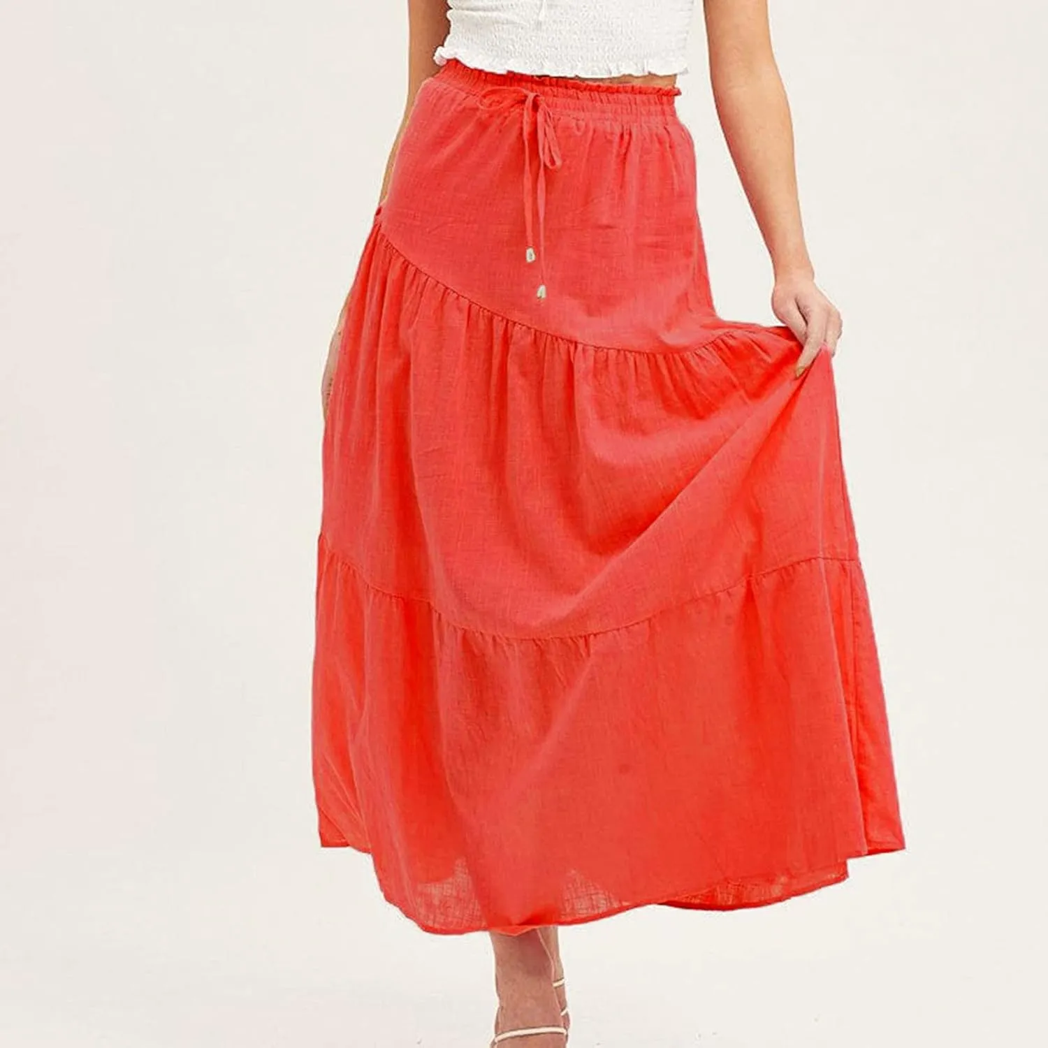Women's Solid Color Maxi Skirt Summer Casual Cotton Linen Front Slit Long Skirt Button Up Beach Skirts