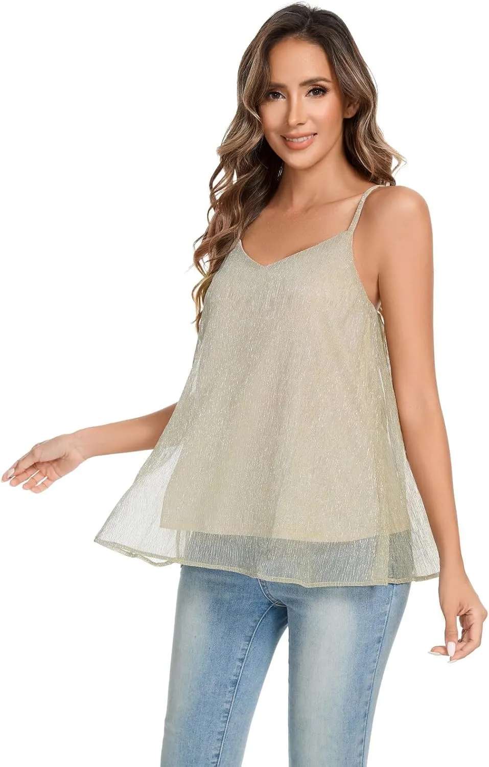 Women's Sparkly Camisole Tops Glitter Sexy V Neck Spaghetti Strap Tank Cami Shirt