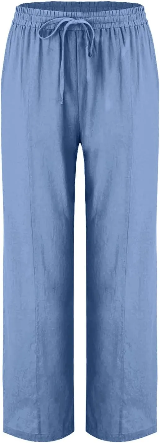 Women's Straight Leg Pants Cotton Linen Blend Casual Trousers with Tie Waist for Spring Solid Color High Waist 2025
