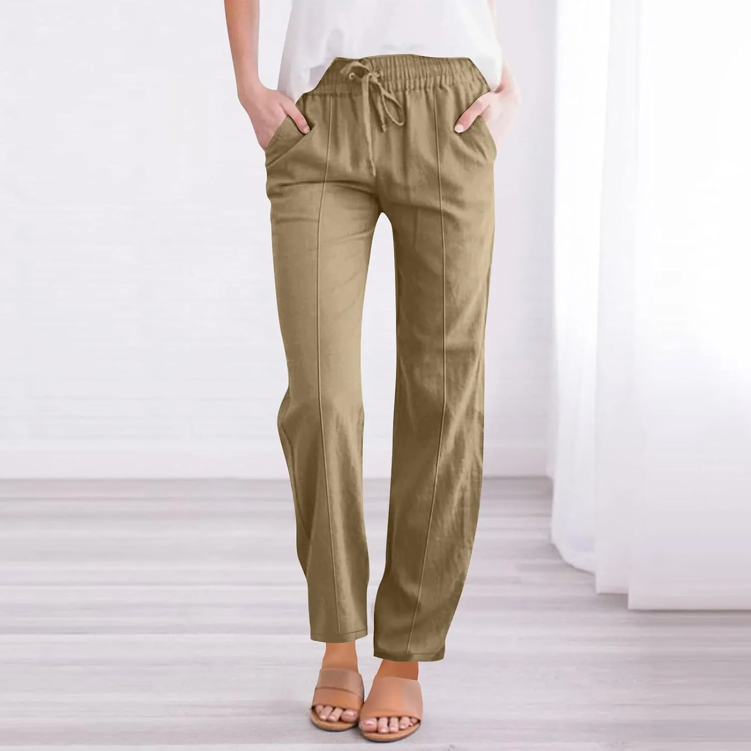 Women's Straight Leg Pants Cotton Linen Blend Casual Trousers with Tie Waist for Spring Solid Color High Waist 2025
