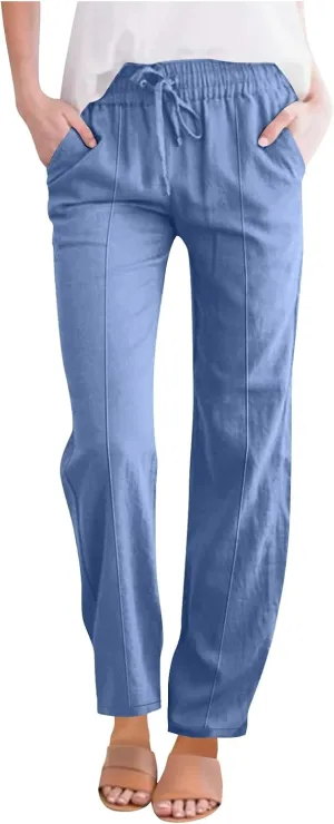 Women's Straight Leg Pants Cotton Linen Blend Casual Trousers with Tie Waist for Spring Solid Color High Waist 2025