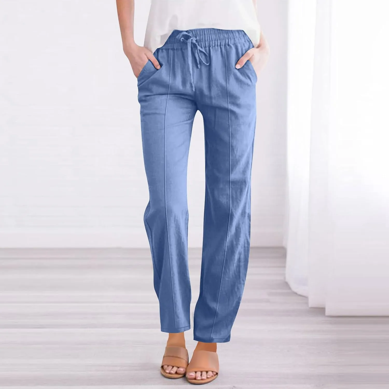 Women's Straight Leg Pants Cotton Linen Blend Casual Trousers with Tie Waist for Spring Solid Color High Waist 2025