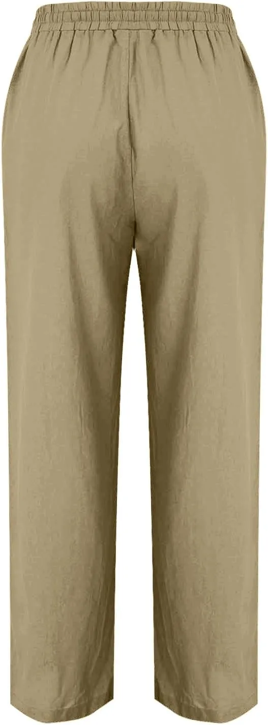 Women's Straight Leg Pants Cotton Linen Blend Casual Trousers with Tie Waist for Spring Solid Color High Waist 2025