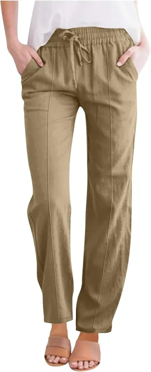 Women's Straight Leg Pants Cotton Linen Blend Casual Trousers with Tie Waist for Spring Solid Color High Waist 2025