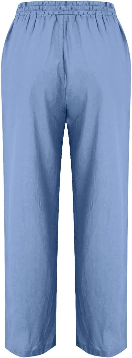 Women's Straight Leg Pants Cotton Linen Blend Casual Trousers with Tie Waist for Spring Solid Color High Waist 2025
