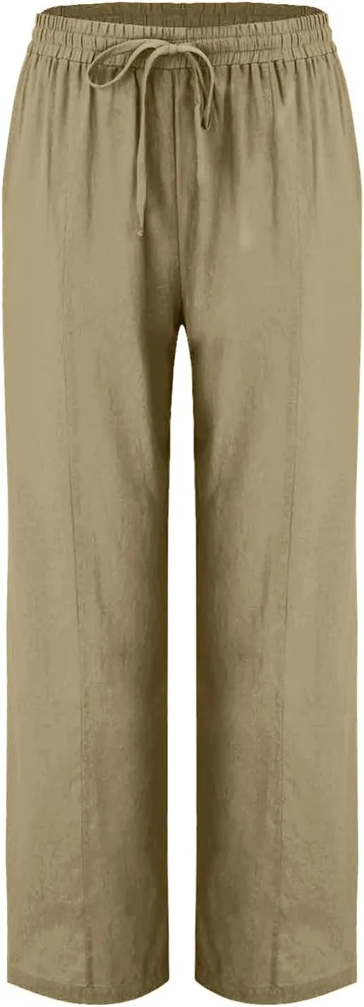 Women's Straight Leg Pants Cotton Linen Blend Casual Trousers with Tie Waist for Spring Solid Color High Waist 2025