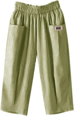 Women's Summer Capri Pants Elastic High Waist Drawstring Wide Leg Cotton Linen Work Pants with Pockets 2024