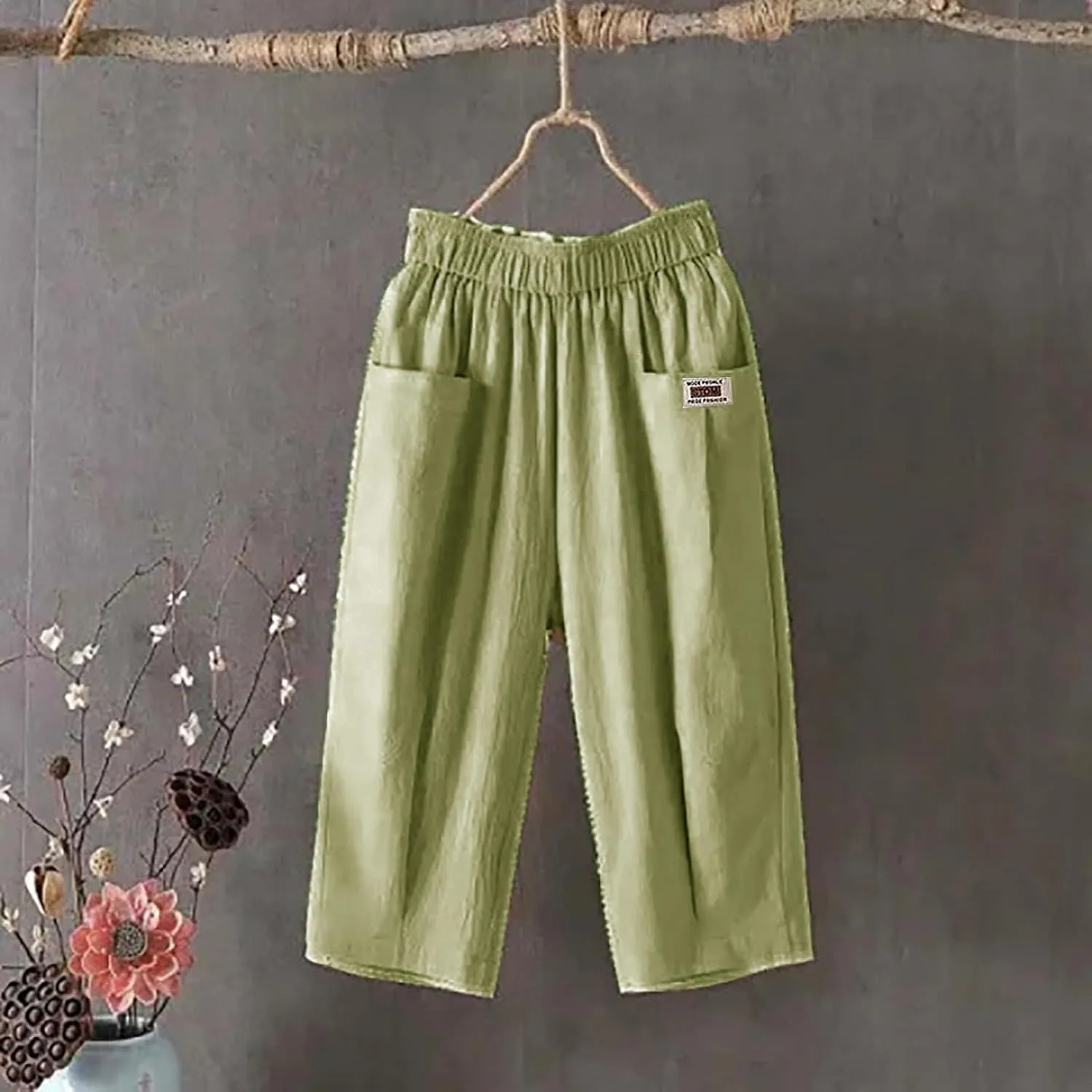 Women's Summer Capri Pants Elastic High Waist Drawstring Wide Leg Cotton Linen Work Pants with Pockets 2024