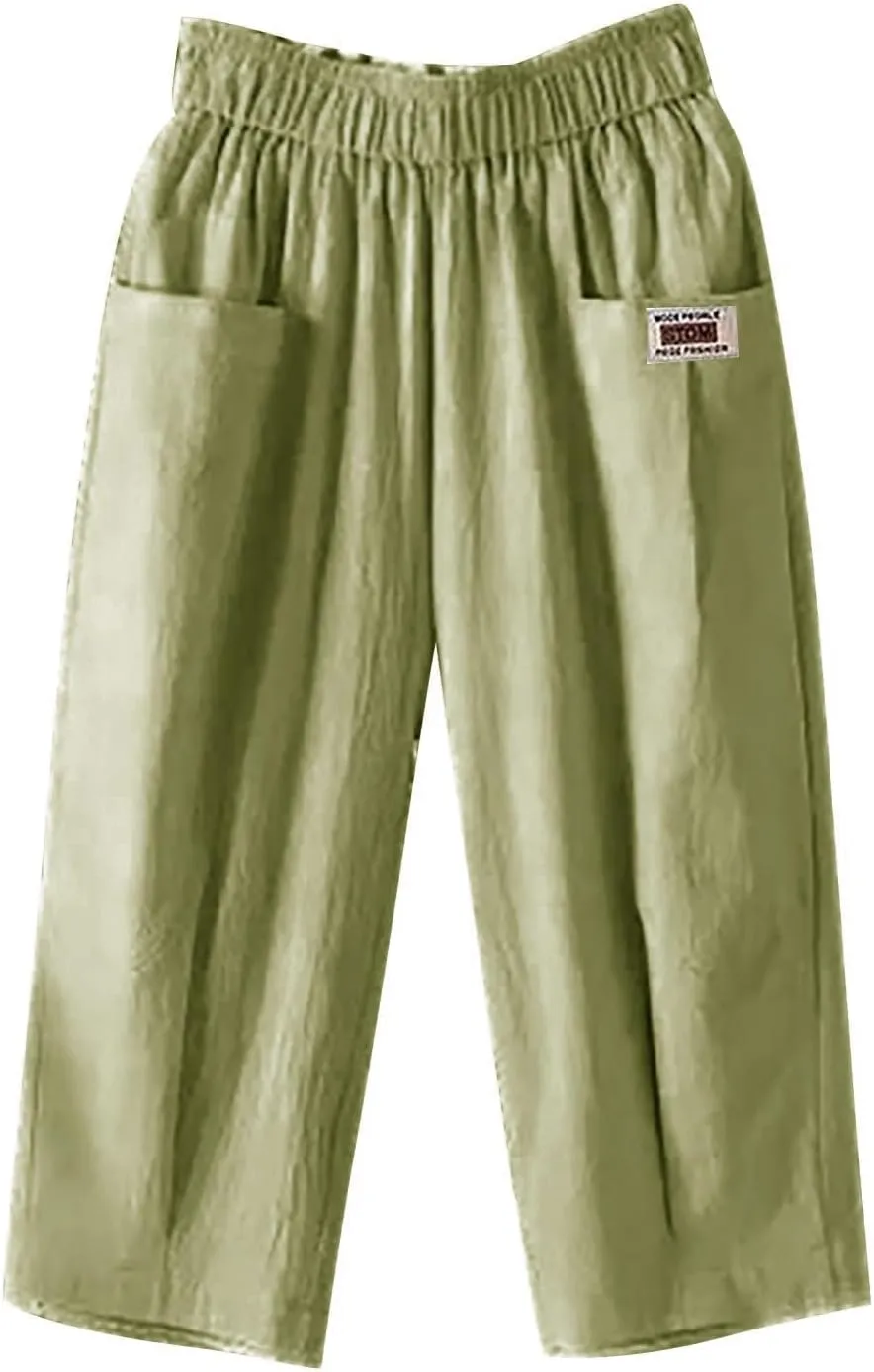 Women's Summer Capri Pants Elastic High Waist Drawstring Wide Leg Cotton Linen Work Pants with Pockets 2024