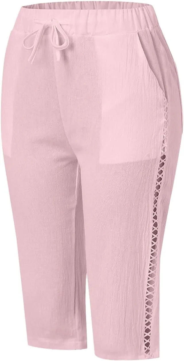 Women's Summer Casual Linen Pants Drawstring Waist Lightweight Capris Hollow Out Beach Cropped Trousers with Pockets