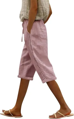 Women's Summer Casual Linen Pants Drawstring Waist Lightweight Capris Hollow Out Beach Cropped Trousers with Pockets