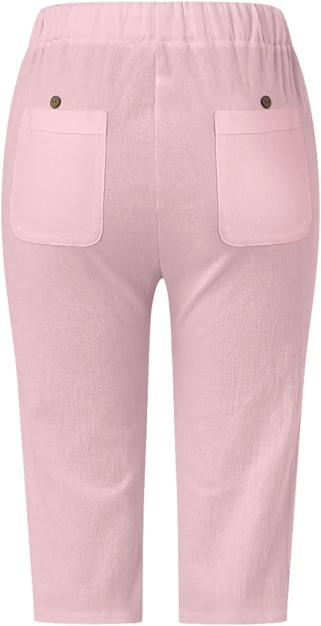 Women's Summer Casual Linen Pants Drawstring Waist Lightweight Capris Hollow Out Beach Cropped Trousers with Pockets