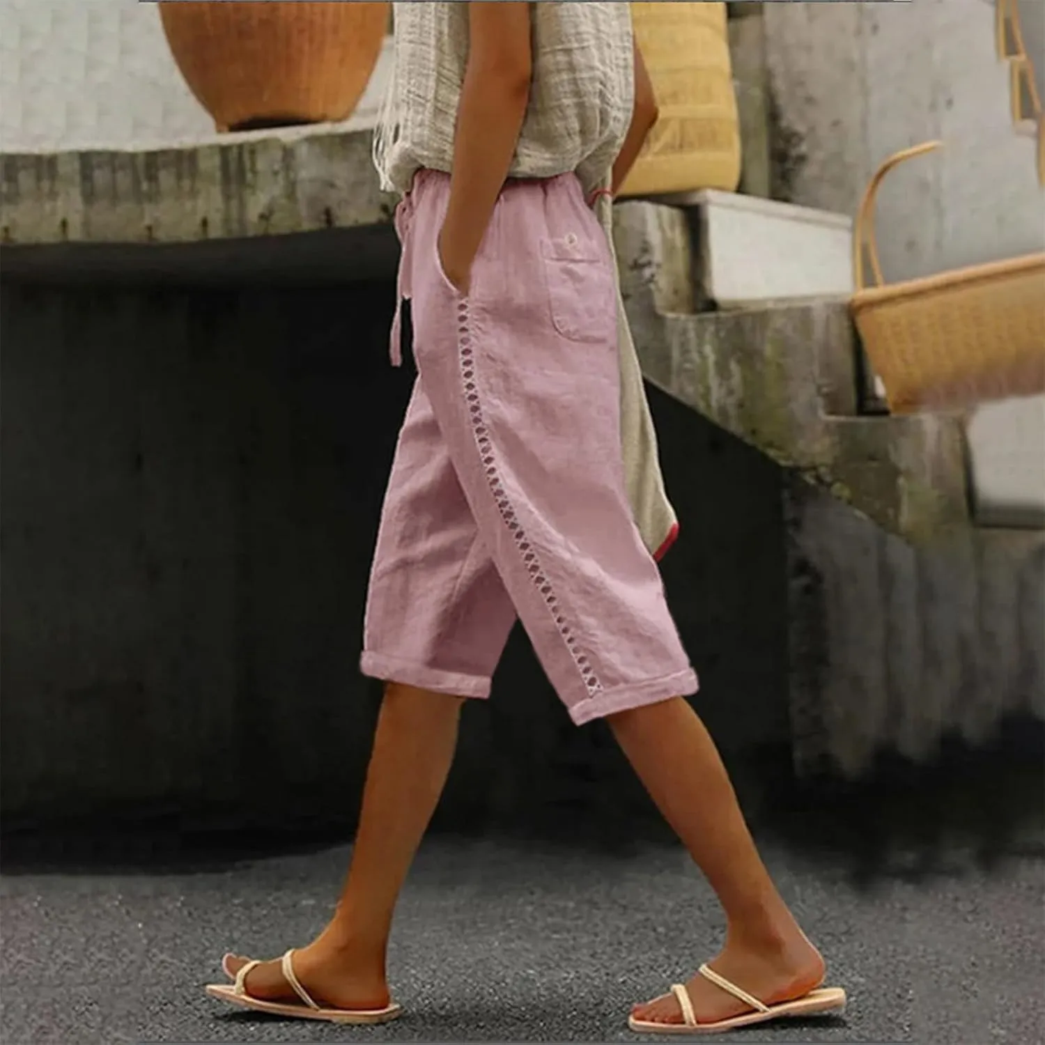 Women's Summer Casual Linen Pants Drawstring Waist Lightweight Capris Hollow Out Beach Cropped Trousers with Pockets