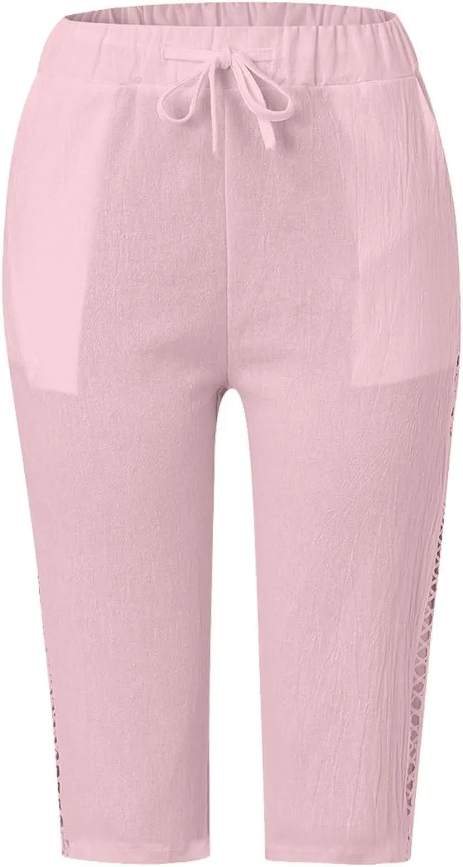 Women's Summer Casual Linen Pants Drawstring Waist Lightweight Capris Hollow Out Beach Cropped Trousers with Pockets