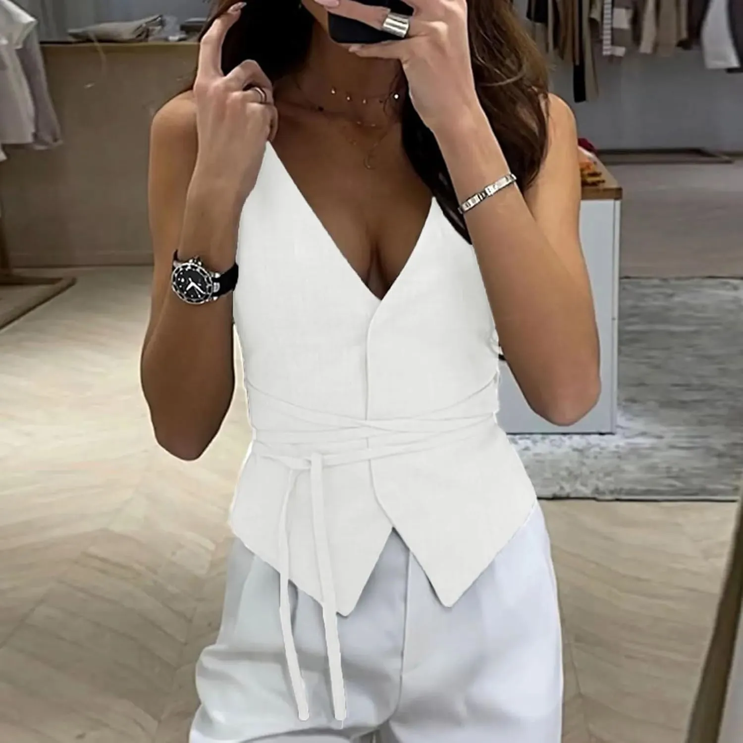 Women's Summer Casual Vest Tops V Neck Cropped Streetwear Slim Fit Vest Camisole