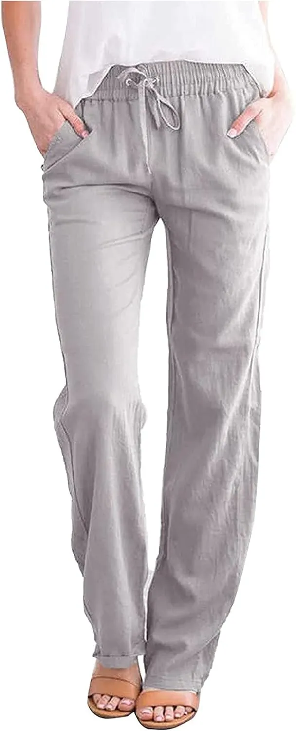Women's Summer Casual Yoga Palazzo Pants Solid Color Drawstring High Waist Loose Fit Linen Straight Trousers Pockets