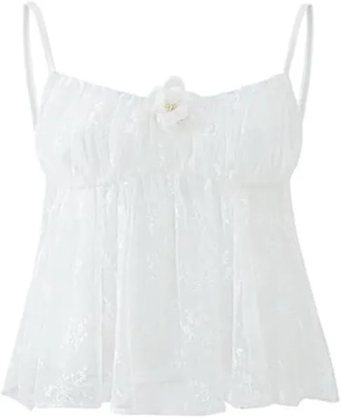 Women's Sweet Hot Girl Gentle Lace Flower Camisole Off-Shoulder Sleeveless Slim Short Suspender Tops