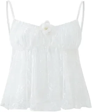 Women's Sweet Hot Girl Gentle Lace Flower Camisole Off-Shoulder Sleeveless Slim Short Suspender Tops