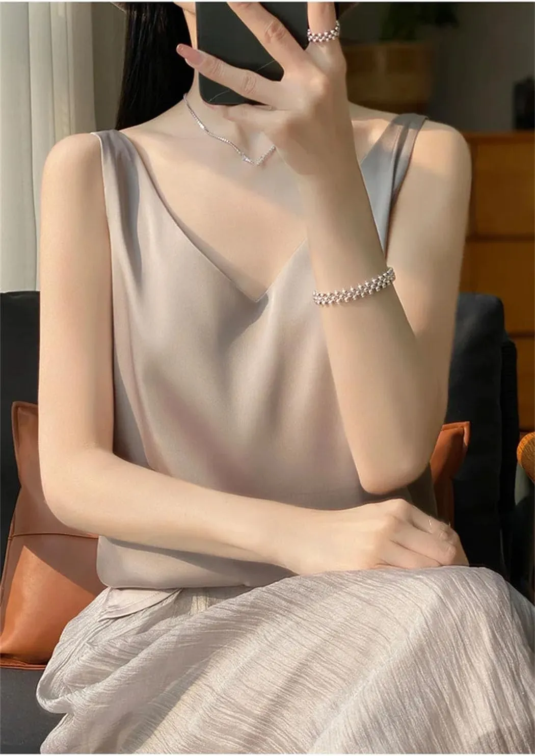 Women's V-Neck Silk Satin Camisole Tops Summer Solid Color Lightweight Blouse Vest