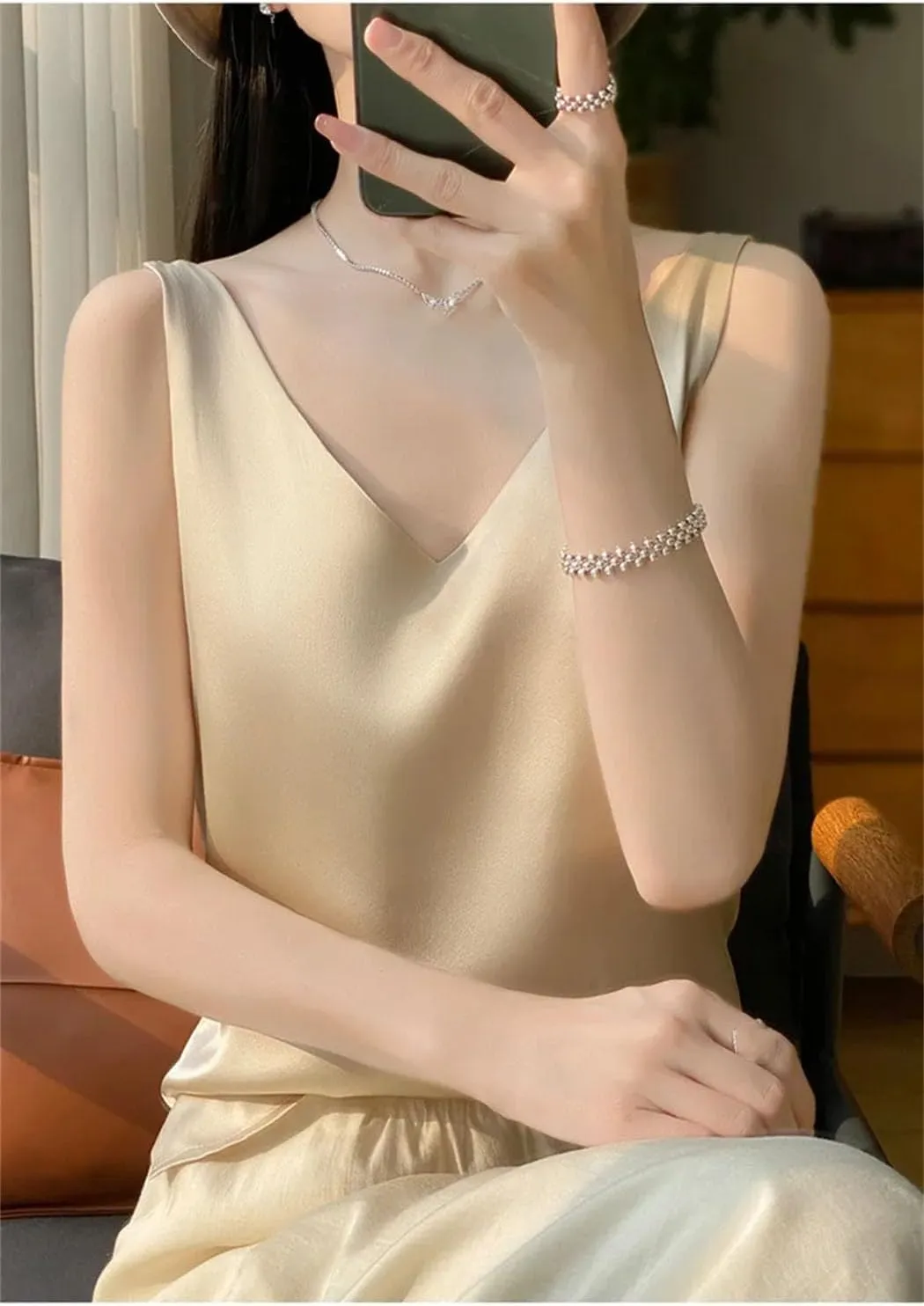 Women's V-Neck Silk Satin Camisole Tops Summer Solid Color Lightweight Blouse Vest