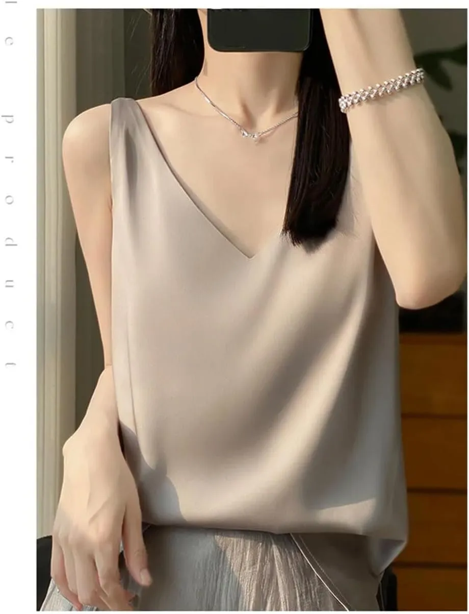 Women's V-Neck Silk Satin Camisole Tops Summer Solid Color Lightweight Blouse Vest